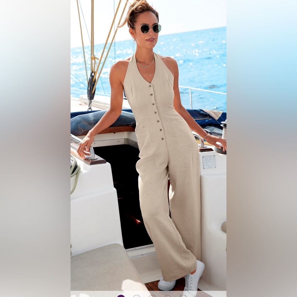 Lascana Wideleg Buttondown Halter Jumpsuit NWT